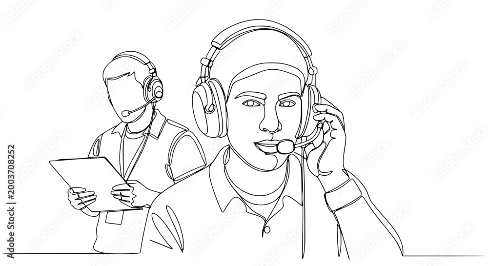 Obraz premium Continuous line drawing of two men wearing headsets, one holding a tablet, call center or support concept.