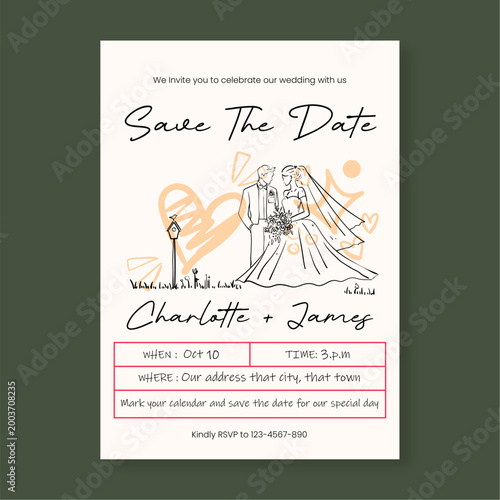 Photos Elegant Hand-Drawn Wedding Save the Date Card Template with Illustrated Bride an