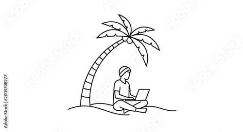 Man working on laptop computer beach.