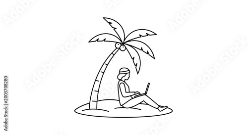 Woman sitting under palm tree.