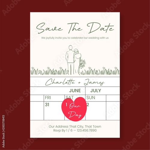 Φωτογραφία Elegant Wedding Save the Date Card Template with Minimalist Couple Line Art Illu