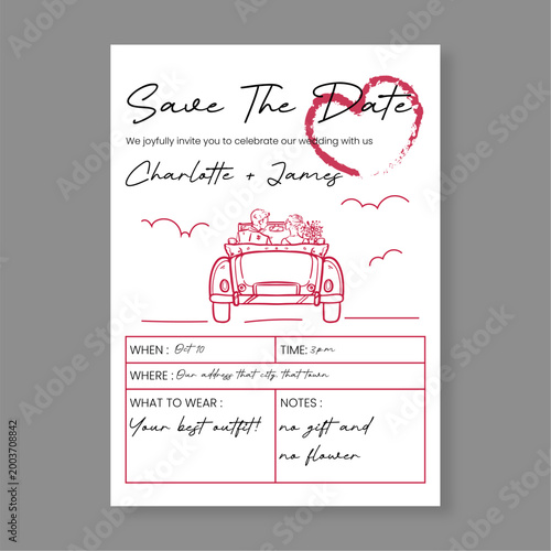 Wedding Save the Date Invitation Card Template Featuring Hand Drawn Illustration of Couple in Vintage Car and Red Heart