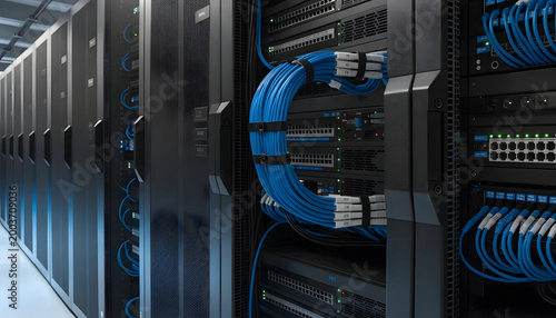 Modern business technology equipment featuring a digital computer network server and hardware hub with cables organized in a black datacenter rack for secure internet communication and data storage