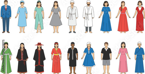 Traditional Clothing People Character Set with Diverse Cultural Outfits Ethnic Dress Collection Male and Female Vector Illustration