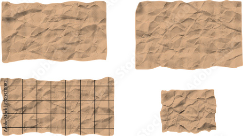 Set of four beige brown crumpled paper sheets with torn edges isolated on transparent background vector textured effect illustration.