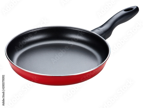 red non-stick frying pan with black handle isolated on transparent background
