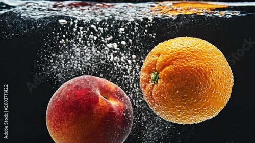 A ripe peach and a juicy orange submerged in clear water with bubbles, creating a refreshing and vibrant visual on a dark background