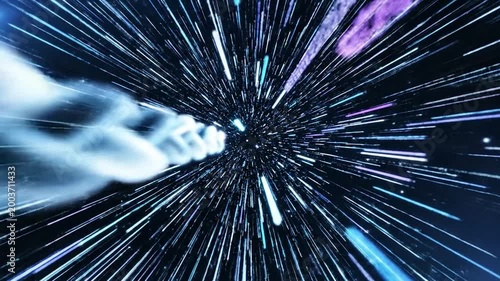 Abstract illustration of a journey through a tunnel of light, with a sense of speed and motion, creating a futuristic background