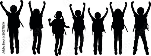 children jumping with backpacks silhouette on white background