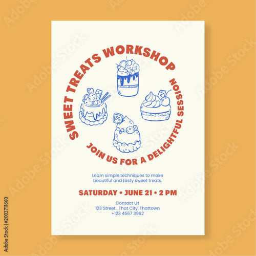 Vintage Style Sweet Treats Baking Workshop Flyer Template with Hand Drawn Dessert Illustrations