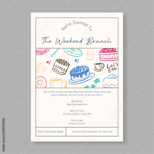 Bild auf Leinwand Hand Drawn Weekend Brunch Invitation Template with Colorful Food Doodles for Bre