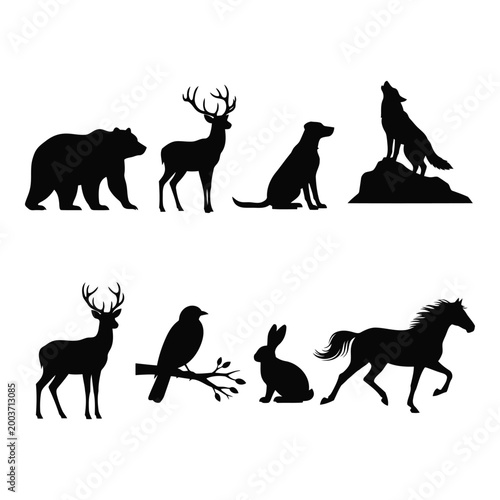 Collection of various wild and domestic animal silhouettes including a bear deer dog wolf bird rabbit and horse displayed against a clean white background