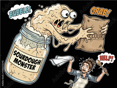 Sourdough Starter Monster Grabbing Flour Bag Satire, Funny Baking Disaster Character with Terrified Baker Illustration