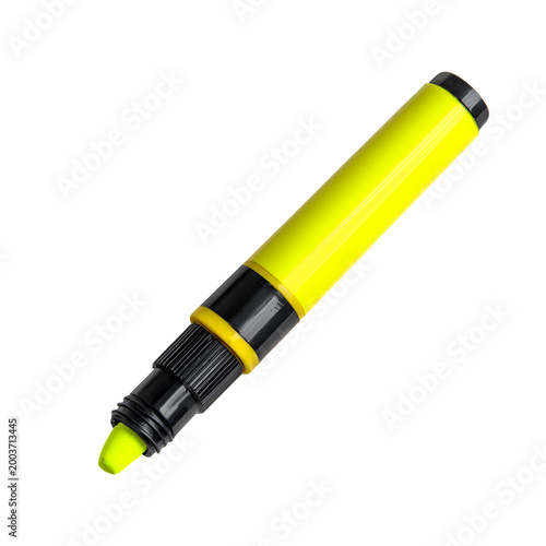 Bright yellow highlighter pen with black cap on white background for office use