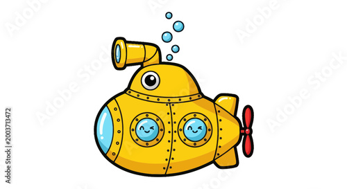 Εκτύπωση καμβά Cute Yellow Submarine Cartoon Character with Smiling Windows and Propeller