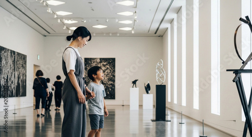 Mother and child admiring modern art exhibits in a bright, spacious museum gallery.