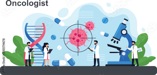 Vector Illustration of Oncologist Researching Cancer with DNA, Microscope, and Medical Equipment