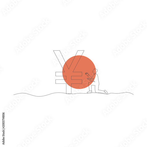 Silhouette of man in prayer pose. Man and symbol of yen currency. Concept of Japanese economy and finances. Continuous line.