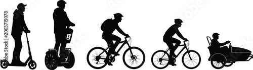 Vector Silhouettes of Different Personal Transport Modes Including Scooter, Segway, Bicycle, and Tricycle