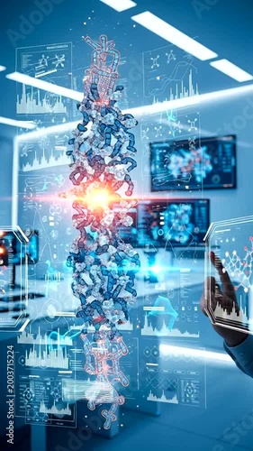 Futuristic Lab with DNA Helix and Technology.