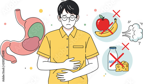 Vector Illustration of a Person with Stomach Ache, Avoiding Certain Foods for Health and Digestive Issues