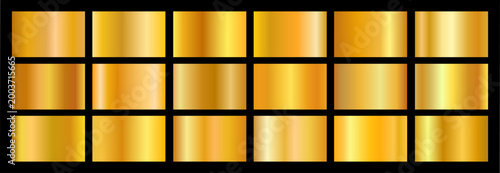 Realistic gold, golden, foil gradient texture pack. Shiny golden metal foil gradient set. Vector illustration