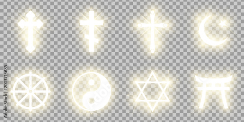 Vector shining gold riligious symbols pack: Orthodox and Catholic cross, Crescent and star (Islam), Star of David (Judaism), Wheel of Dharma (Buddhism), Yin and Yang (Taoism), Tori Gate (Shinto).