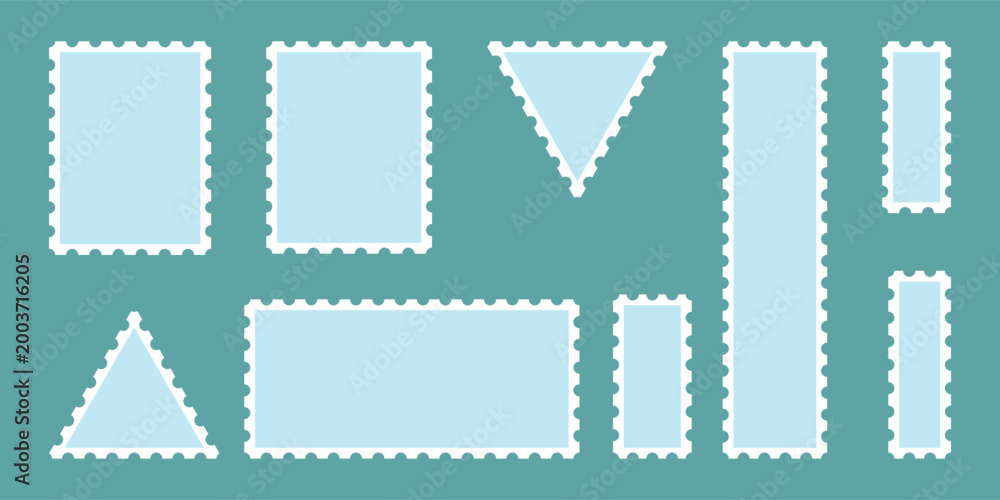 Obraz premium Doodle frame set, vector hand drawn postage stamp border, vintage abstract wavy post stamp simple design. Blank rectangle, circle and square postage stamp frames. Eps10