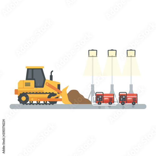 A yellow bulldozer pushes a pile of dirt next to three tall construction lights powered by two red portable generators on a gray surface.