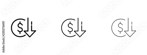 Canvas-taulu Minimalist dollar coin with down arrow icon set, financial loss and price drop s