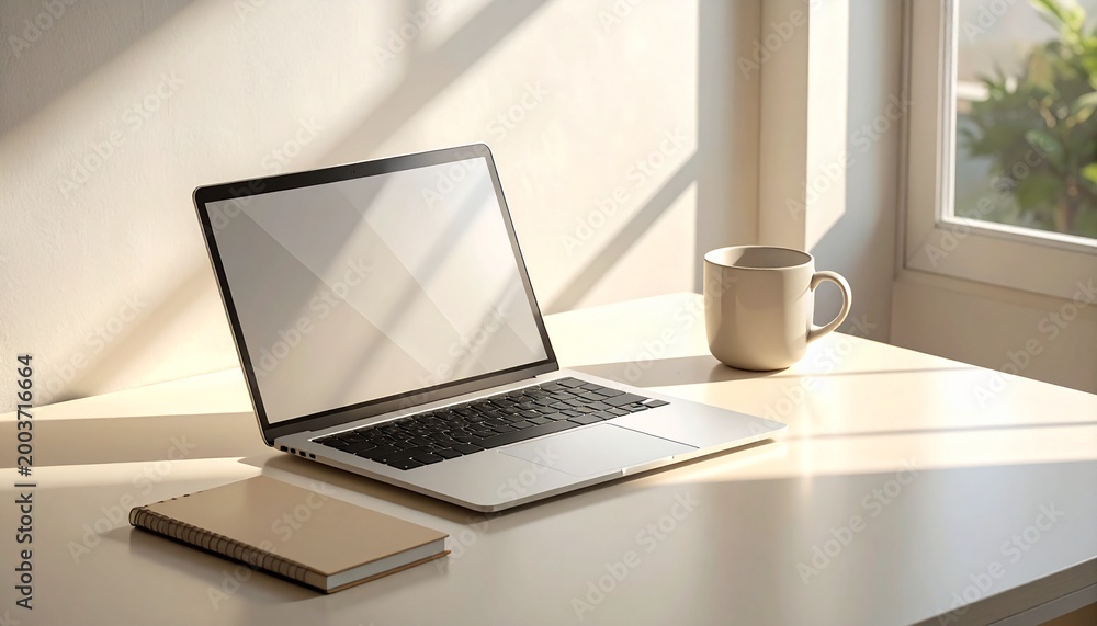 Fototapeta premium Laptop and notebook on a desk by a sunny window with a coffee mug