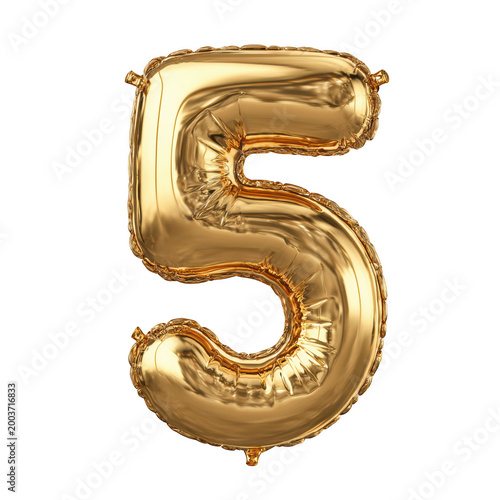 gold number five balloon floating isolated on transparent background