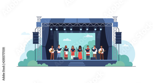 Vibrant outdoor stage illuminated for a multicultural performance event