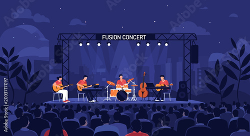 Energetic night concert performance by a fusion cult with enthusiastic crowd and vibrant stage lights illuminating the event