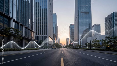 Economy finance market investment growth illustrated with abstract wave integrated skyline dusk