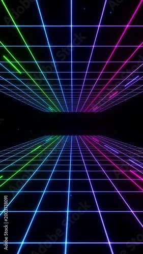 Neon Grid Tunnel with Colorful Laser Beams.