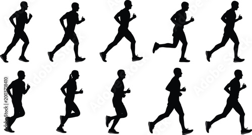 Running Athlete Silhouette Vector Illustration Set with Male Jogging Pose Action Sequence for Fitness Sports Exercise and Health Lifestyle Design
