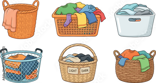Collection of Various Laundry Baskets and Hampers Filled with Colorful Clothes and Linens Isolated on White Background for Housekeeping Design