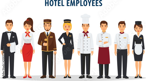 Hotel Employees Vector Illustration Set with Concierge Receptionist Chef Waitstaff Housekeeper and Bellboy Hotel Service Staff for Hospitality Industry Design