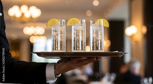Waiter serving cold drinks on tray in luxury restaurant