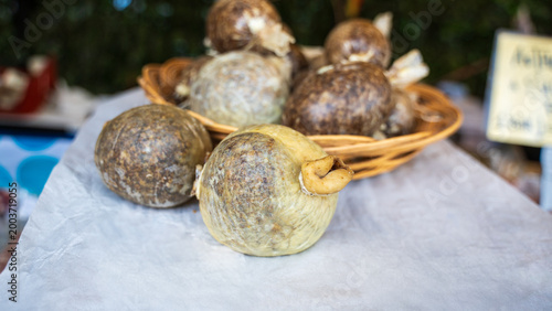Haggis, Scottish cuisine. A traditional sheep meat product made from a mixture of minced sheep offal, fat and filler like oatmeal, suet, onion. Served with potatoes or tatties and turnips or neeps. En