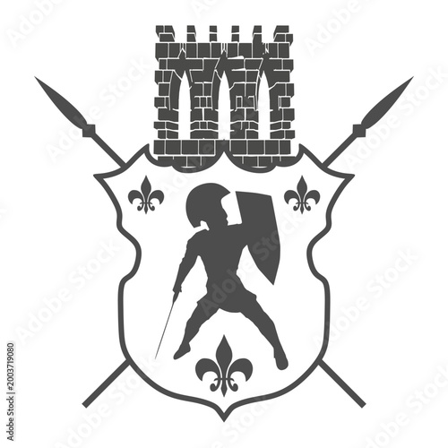 A black and white heraldic shield. Premium brand identity emblem. Royal coat of arms company label symbol.