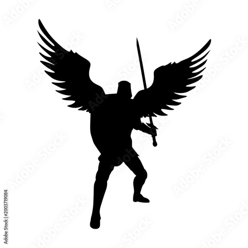Fantasy man angel warrior with wings. Warlike character. A fantasy character is a knight of light.