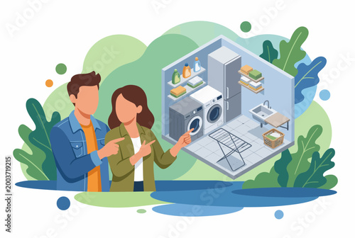Couple Viewing Modern Real Estate Isometric Laundry Room Design