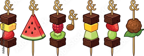 Colorful Cartoon Illustration Collection of Sweet and Savory Food Skewers with Brownies Fruits and Appetizers Isolated on White Background