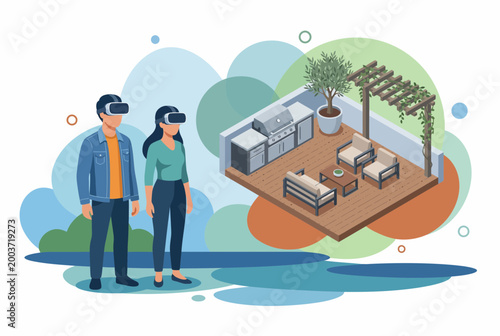 Couple Using Virtual Reality for Modern Real Estate Home Tour