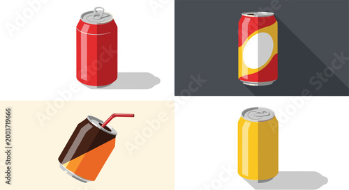 Soda can and soft drink icon set with aluminum beverage containers, fizzy drink symbols isolated on colorful background for refreshment and packaging design concepts