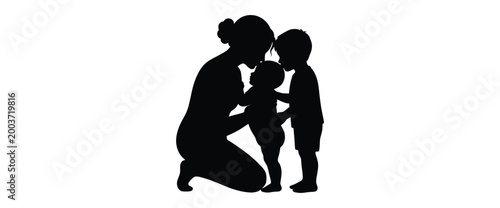 Minimalist solid black silhouette of a mother kneeling and kissing her two children on the forehead, family love and nurturing concept vector