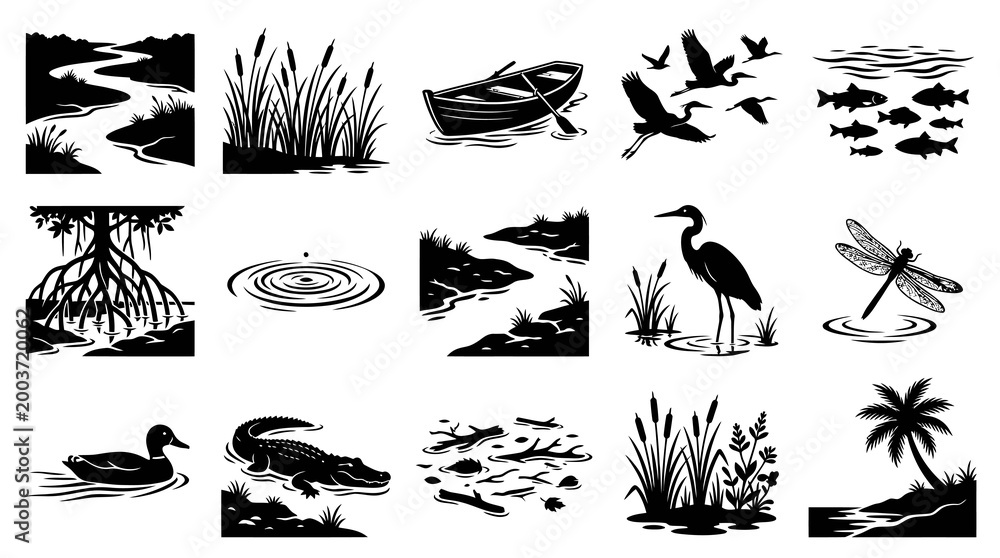 Fototapeta premium Black and White Vector Icons of Wildlife and Nature Elements