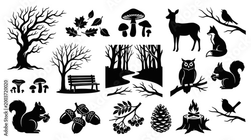 Autumn Forest Wildlife Silhouette Icons Vector Art Black and White